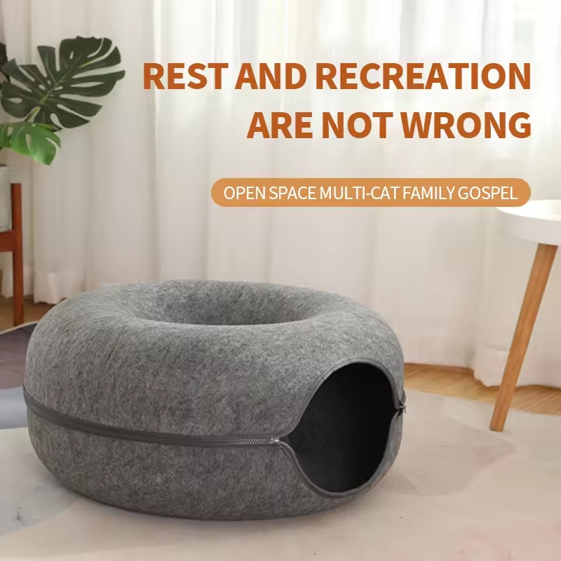 Hot Selling Pet Accessories Cat Donut Tunnel Closed Tire Shape Doughnut Felt Accesorios Para Mascotas Cat Tunnel Bed