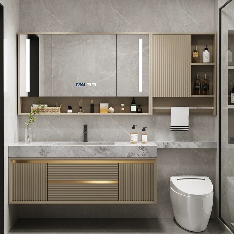 2023  Modern Luxury Solid Wood Bathroom Cabinet Vanity with LED mirror and Towel Handle