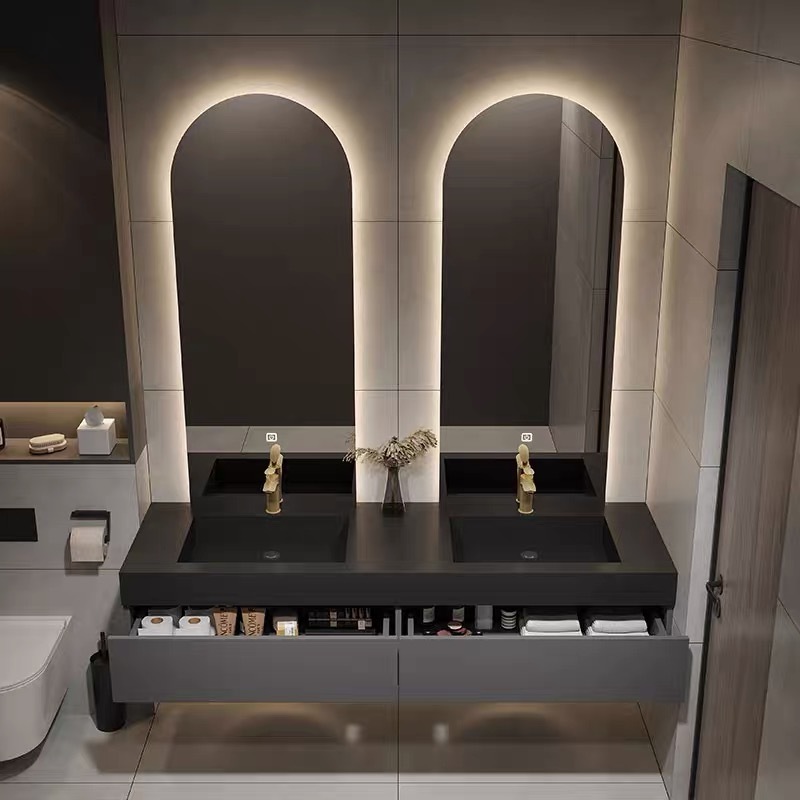 2023 modern style artificial stone top hotel luxury solid wood wall mount black bathroom cabinet vanity set