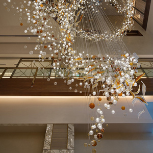 Customized glass ball chandelier glaze leaf pendant lamp staircase  LED ceiling light for hotel