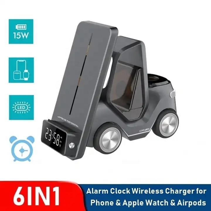 2024 smart gadgets 6 in 1 Car Shape Wireless charging station 15W wireless charger with Digital Clock and LED light