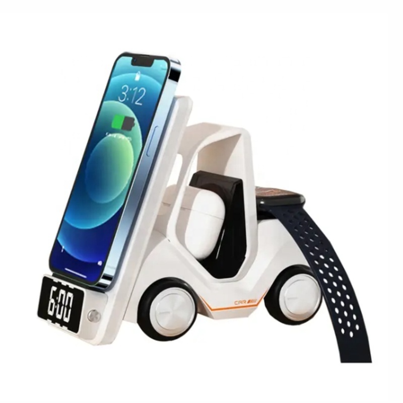 2024 smart gadgets 6 in 1 Car Shape Wireless charging station 15W wireless charger with Digital Clock and LED light