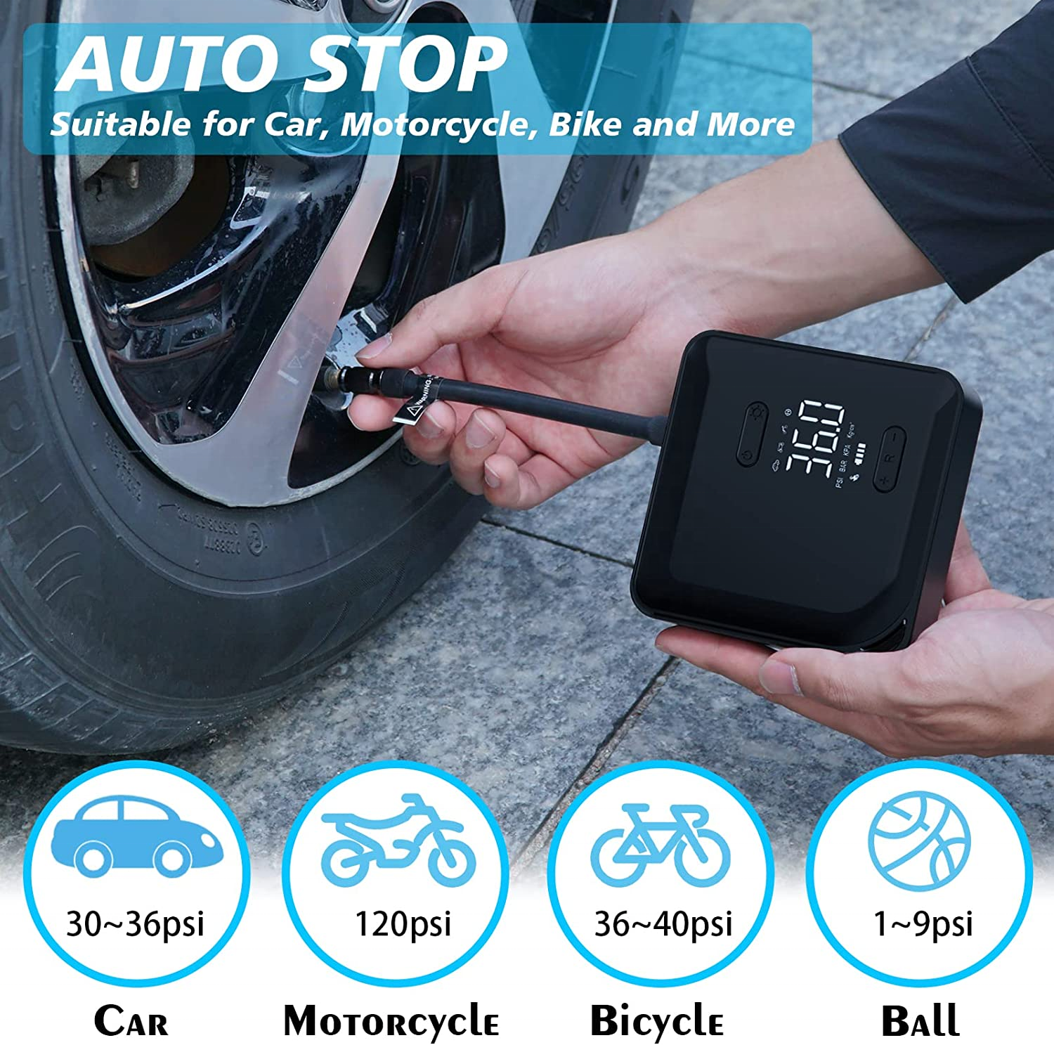 High Quality Rechargeable Cordless Intelligent Digital Car Tire Air Pump Automatic Cordless Tire Inflator with power bank