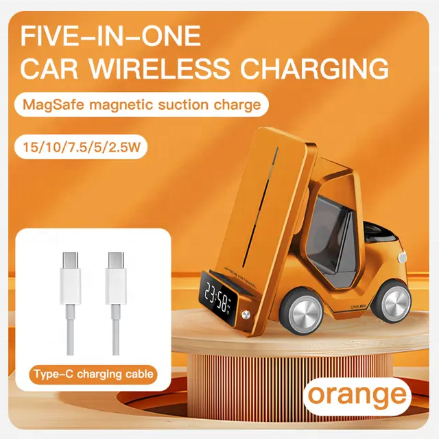 2024 smart gadgets 6 in 1 Car Shape Wireless charging station 15W wireless charger with Digital Clock and LED light