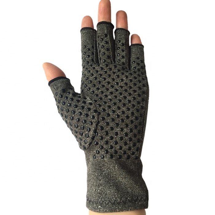 Hot Sale Cotton Spandex Anti Slip Dot Palm Arthritis Treatment Gloves Half Finger Glue Dot Pain Relief Work Gloves