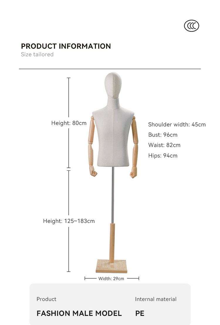 Half Scale Size Upper Body Bust Male Dress Form Male Tailoring Mannequin Torso With Adjustable Wooden Arm