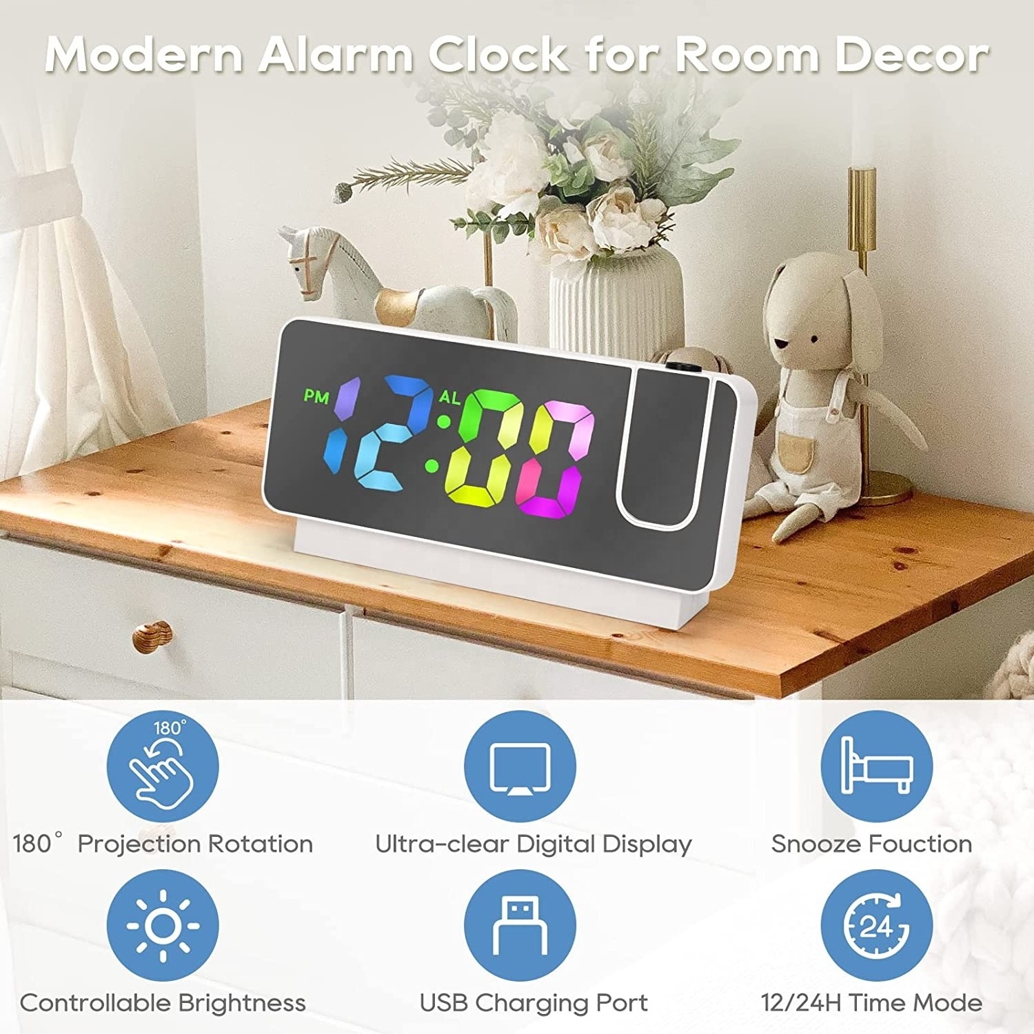 180 Projector Dimmer Bedside Clock Projection clock for bedroom ceiling LED Digital Clock Projection on Ceiling Wall