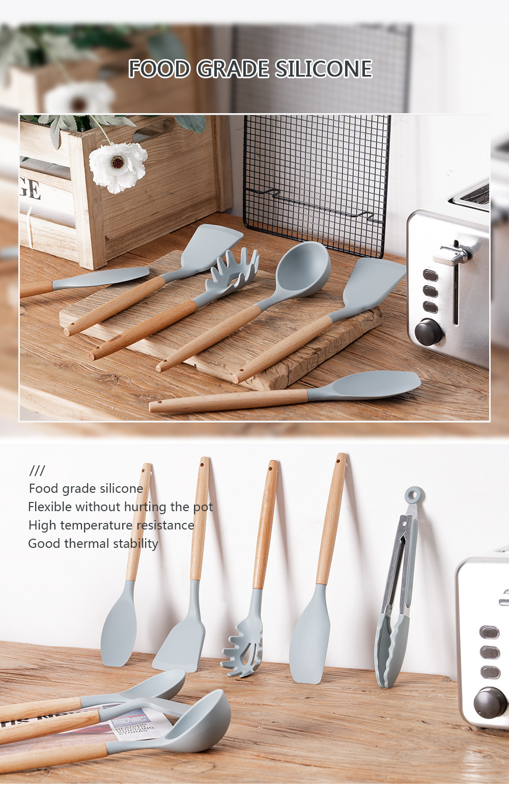 Portable Outdoor Camp Kitchen Accessories Cooking Tools 13 Piece Silicone Wooden Kitchen Utensil Set