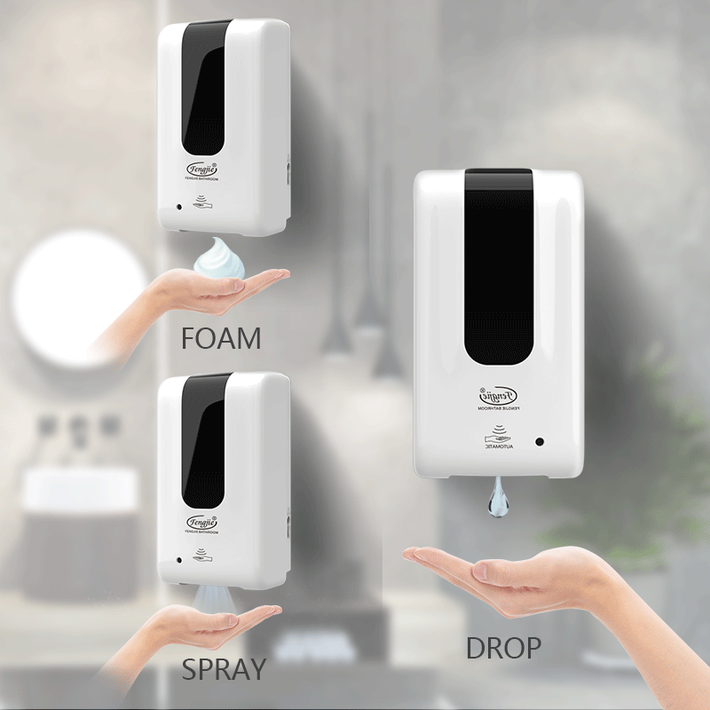 Fengjie Patent Auto Bathroom Touchless Wall mounted Alcohol Spray Liquid Foam Gel Sanitizer pump Automatic Soap dispenser