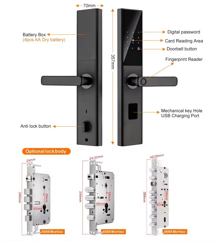 Factory Price Home Security Digital WiFi Tuya App Smart Door Lock Aluminum Fingerprint Inside Handle Tuya Smart Lock