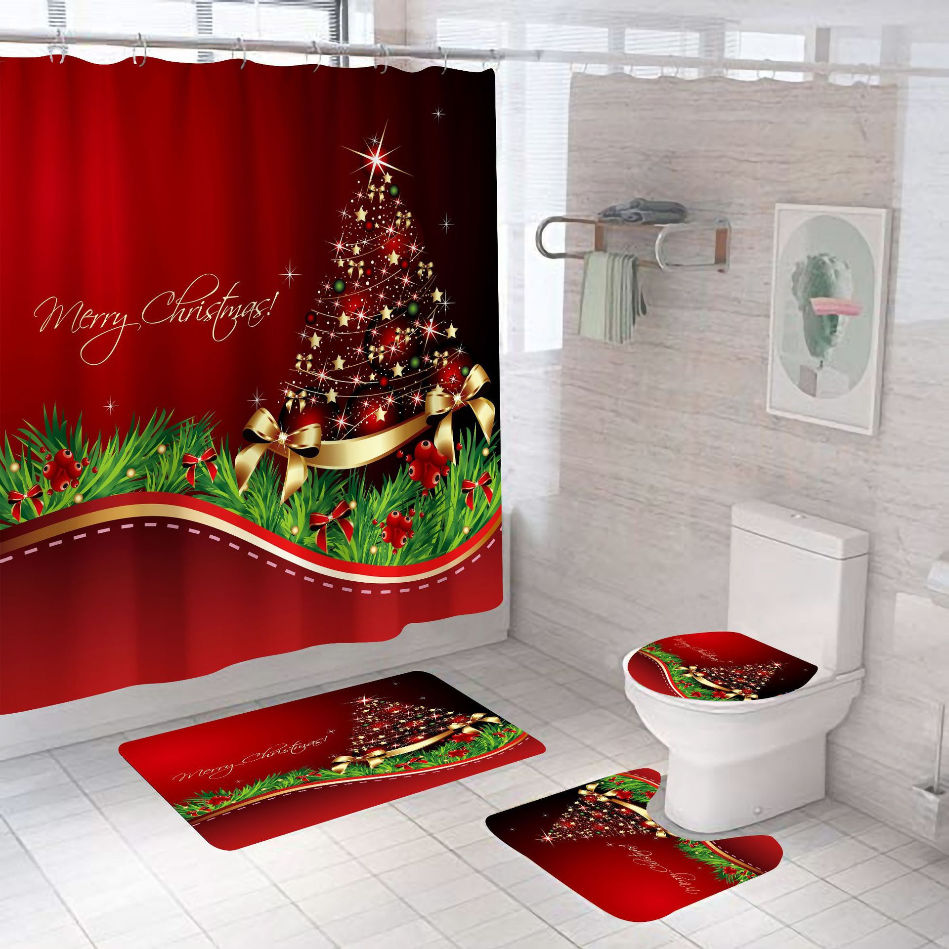 Hot Sale 4-Piece Modern Eco-Friendly Polyester Shower Curtain Set 3D Christmas Tree Printed Bath Mat Rug Customized Home Decor