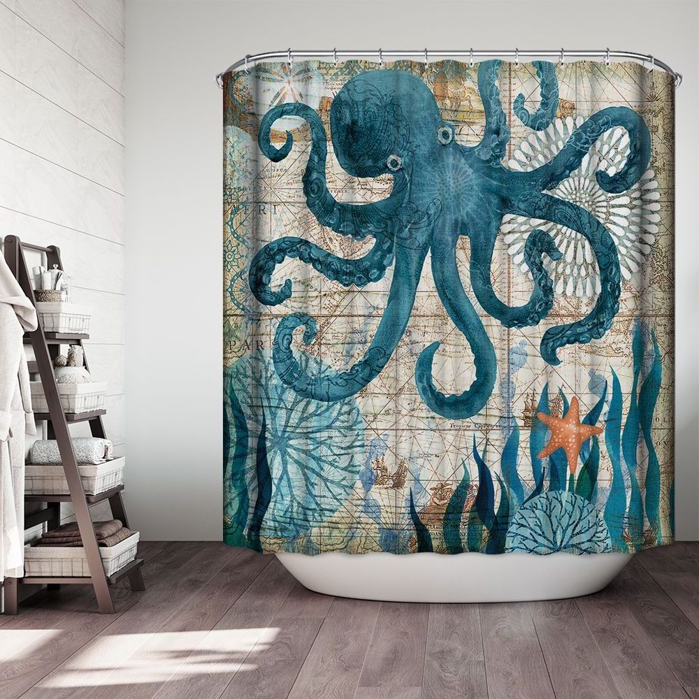 European Style 4-Piece Turtle & Octopus Printed Bathroom Set Waterproof Polyester Fabric Shower Curtain & Rugs