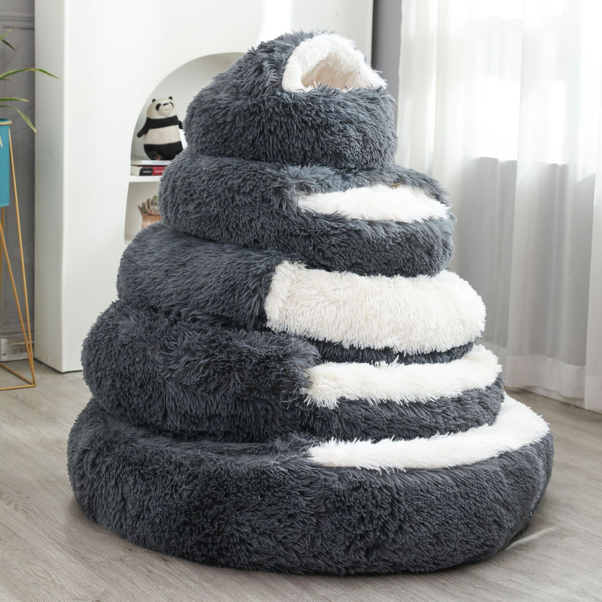 Factory Wholesale Non-slip Bottom Soft Donut Dog Pet Bed Cave Cat Bed Semi Enclosed Winter Warm Indoor Washable Round Pet Bed