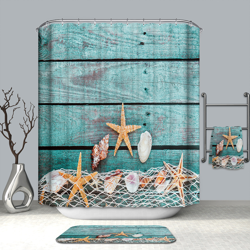 European Style 4-Piece Turtle & Octopus Printed Bathroom Set Waterproof Polyester Fabric Shower Curtain & Rugs