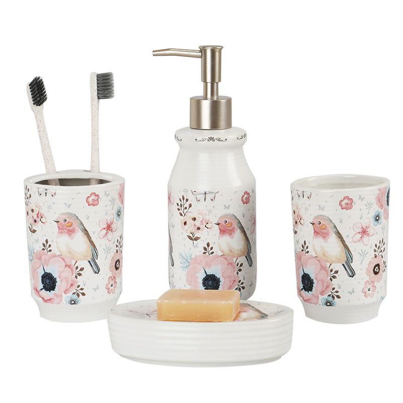 Fine Era new design pink flower birds 4pieces set ceramic pink bathroom accessory set