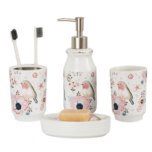 Fine Era new design pink flower birds 4pieces set ceramic pink bathroom accessory set