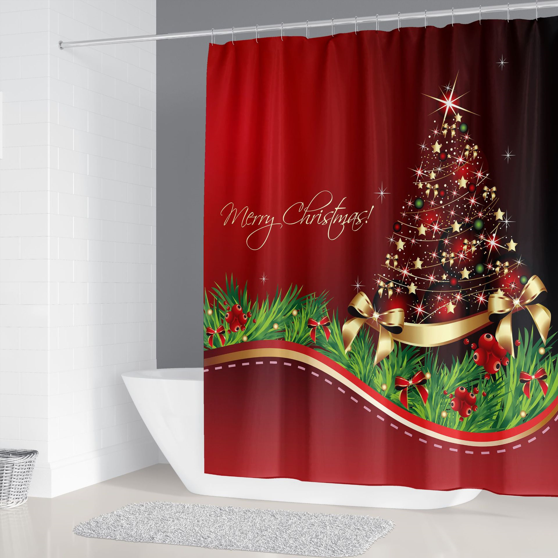 Hot Sale 4-Piece Modern Eco-Friendly Polyester Shower Curtain Set 3D Christmas Tree Printed Bath Mat Rug Customized Home Decor