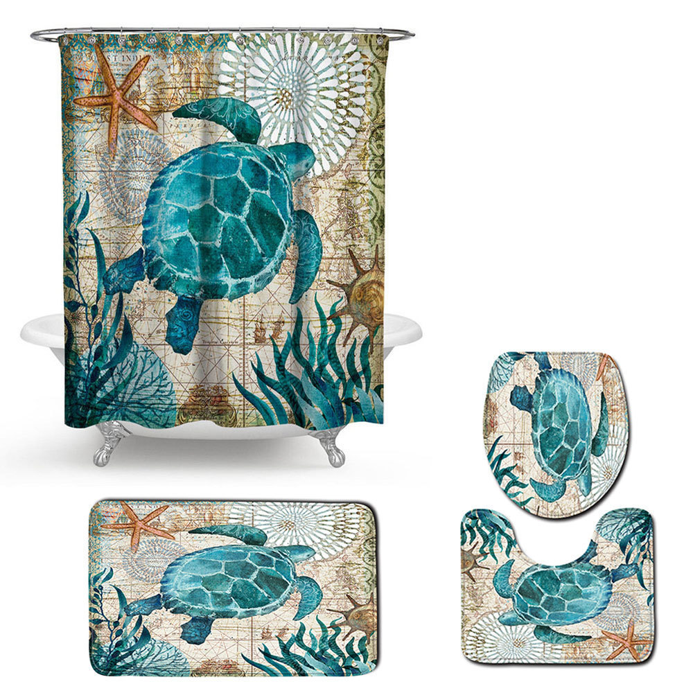 European Style 4-Piece Turtle & Octopus Printed Bathroom Set Waterproof Polyester Fabric Shower Curtain & Rugs