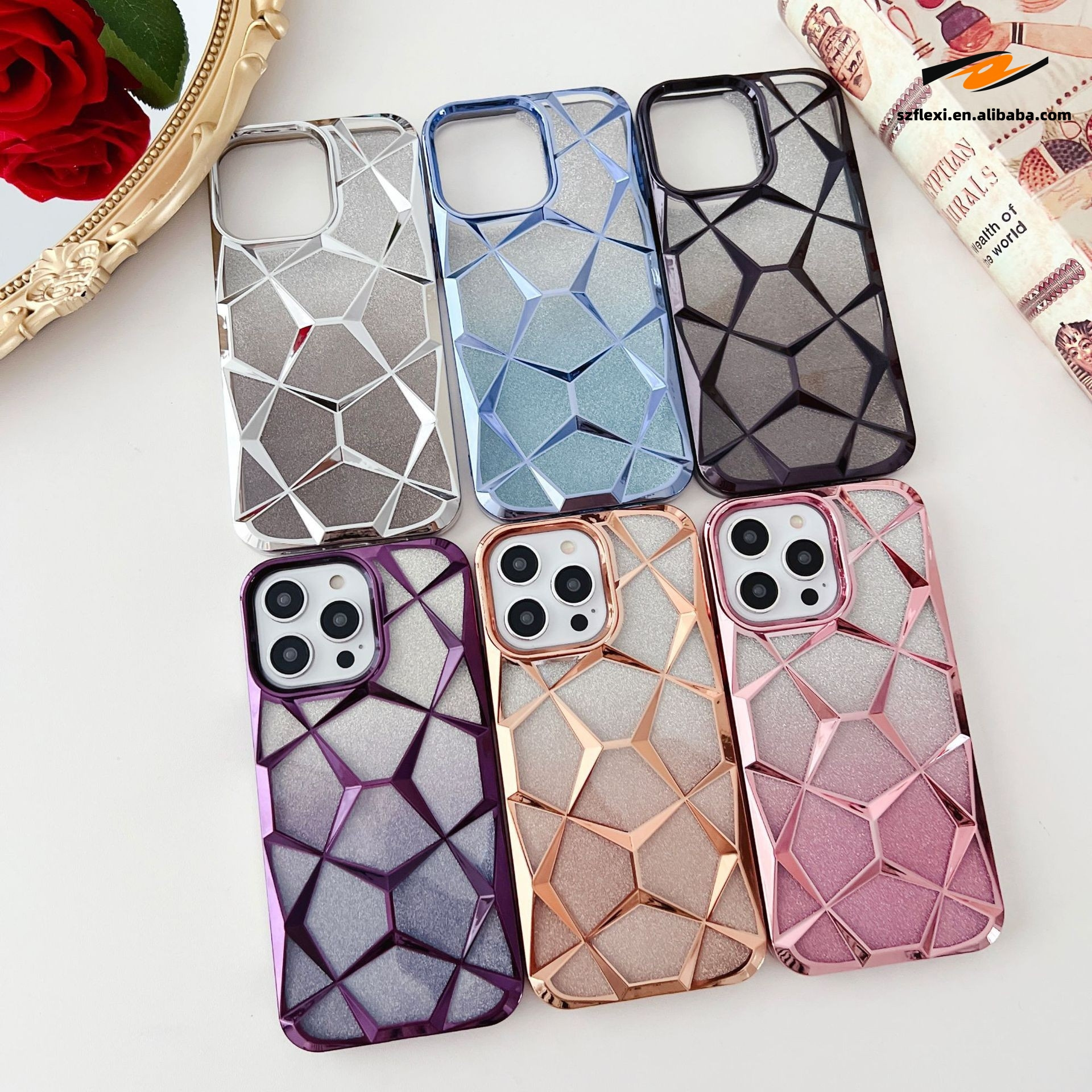 Soft Clear Lattice  Case For iPhone 15 Pro Max 11 12 13 14 Pro Max Gradient Glitter Geometric  Pattern Phone Case