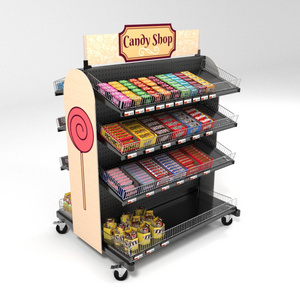 Custom Wood&Metal Retail Candy Display with Wheels Mobile Gondola Display Cart for Wholesale