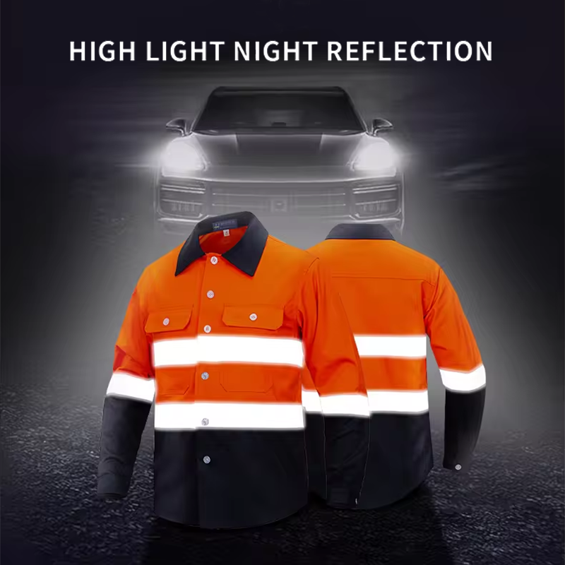 Custom 100% Cotton High Reflective Safety Clothes Hi Vis Workwear Mining Mechanic Construction Orange Long Sleeve Men Work Shirt