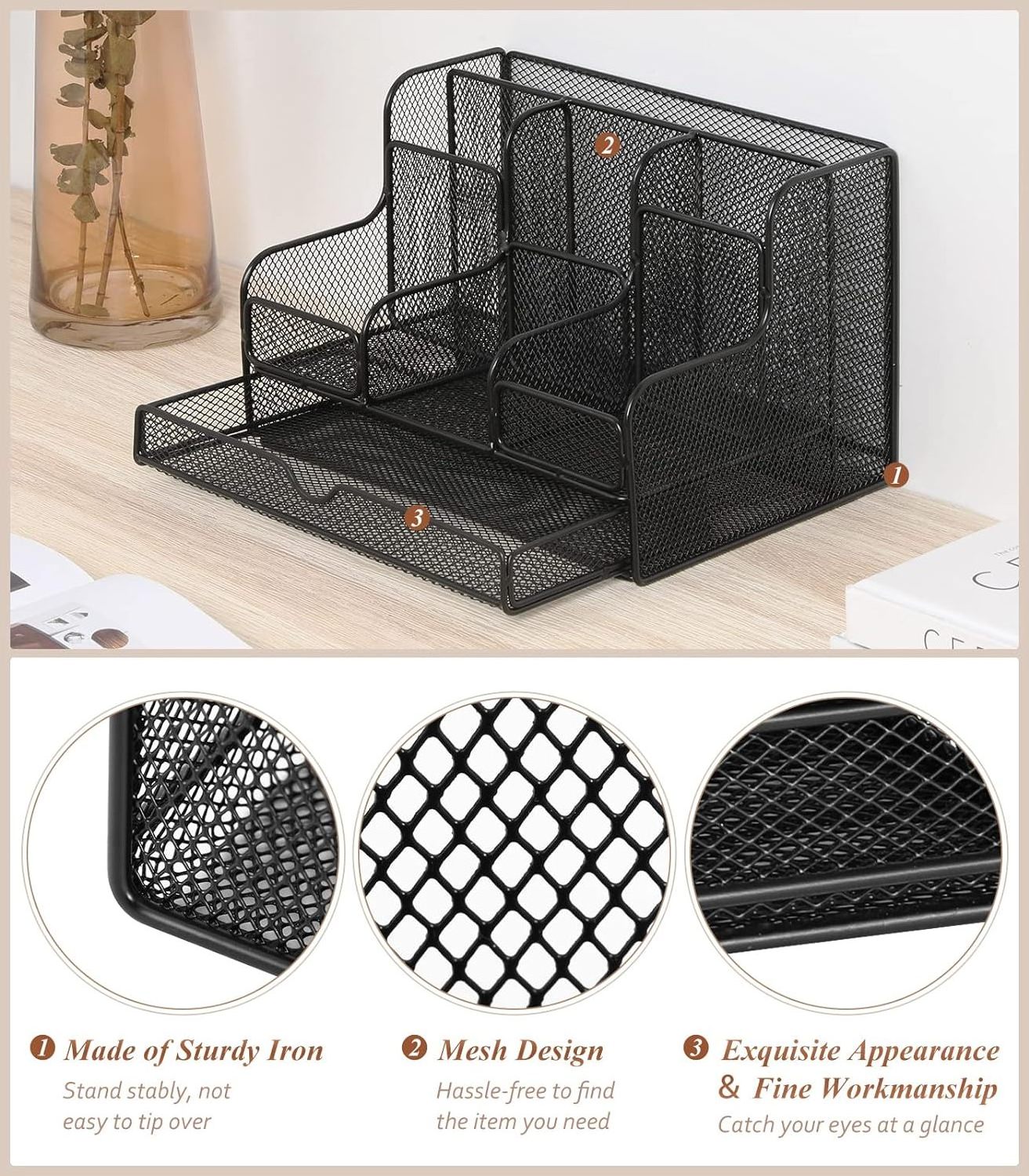 Formwell Desk Organizers Multifunctional Desktop Accessories Mesh Organizers with 7 Compartments and 1 Drawer for home office