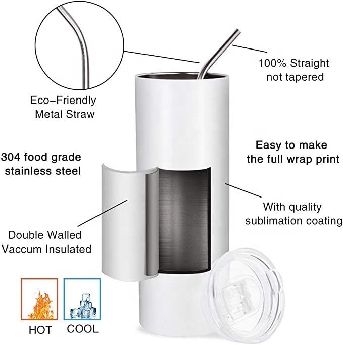 20 30 oz skinny straight stainless steel vacuum insulated sublimation blank tumblers cups in bulk