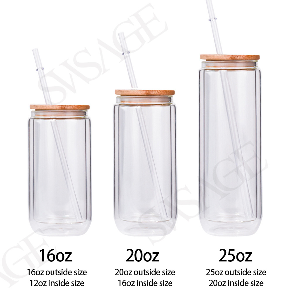 Usa Warehouse 20 Oz 16 Oz Double Wall Sublimation Snowglobe Glass Clear Soda Beer Can Cup Jar With Bamboo Lid And Straw