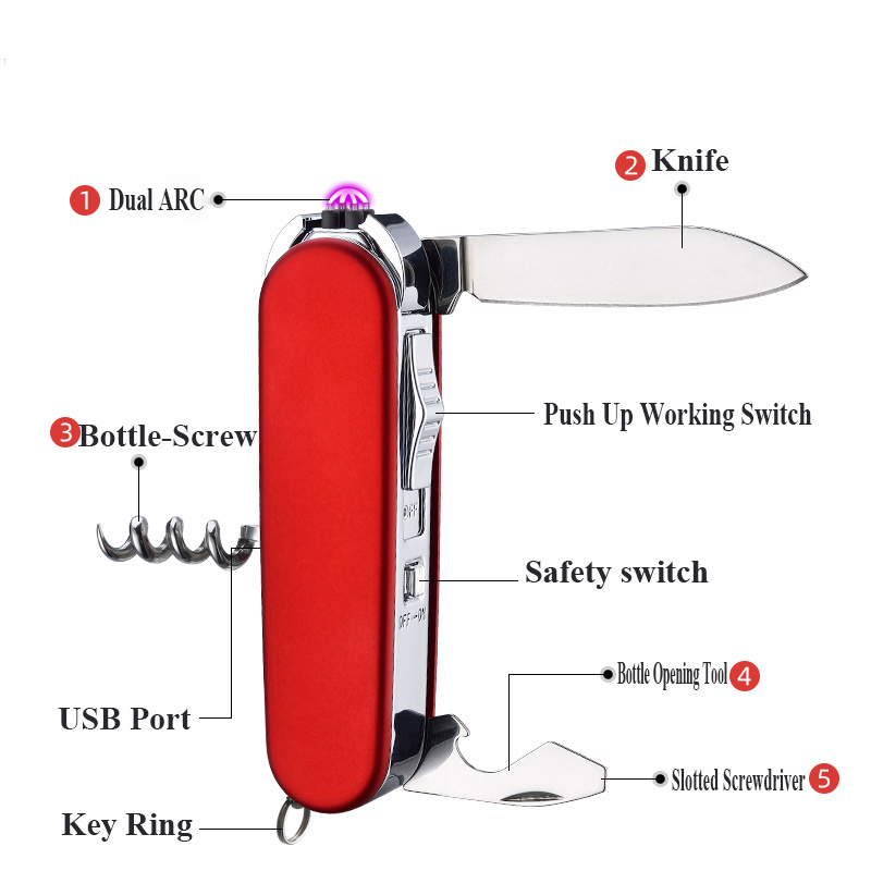 Mult Function Electric USB Rechargeable Lighter Electronic USB arc lighter with Knife Screwdriver Tools