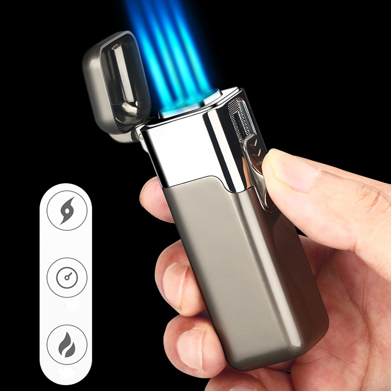 Metal Latest Creative Refillable Fireplace Gas 4 Jet Flame Cigar Torch Butane Fire Lighter Outdoor Windproof Cigar Lighters