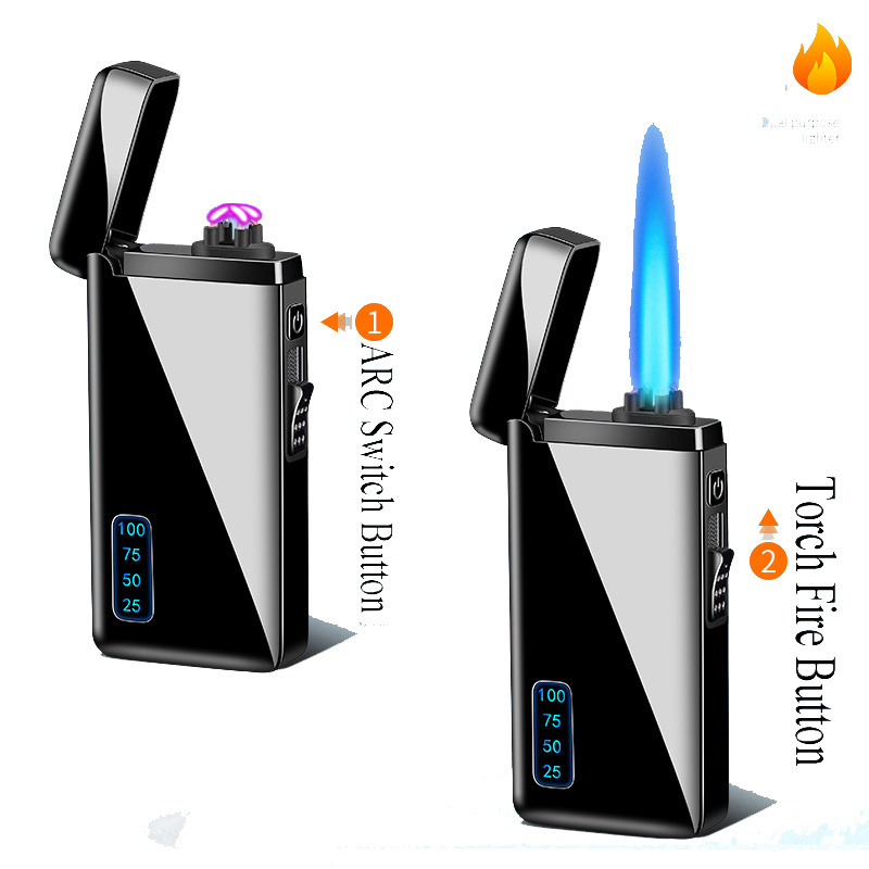 Dual Arc Electric Lighter Jet Flame Torch Refillable Butane Lighter 2 in 1 Windproof Plasma Portable USB Rechargeable with LED