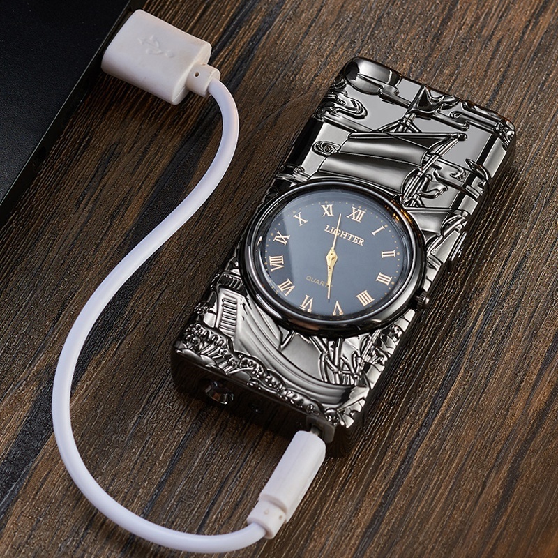 High quality zinc alloy usb lighter watch lighter electric  Sailboat with batter indicator and time clock