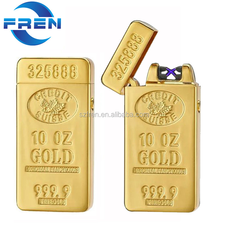 Free Sample!!! FR-689 USB Rechargeable Electric Double Arc Plasma Lighter Metal GOLD Bar Lighter