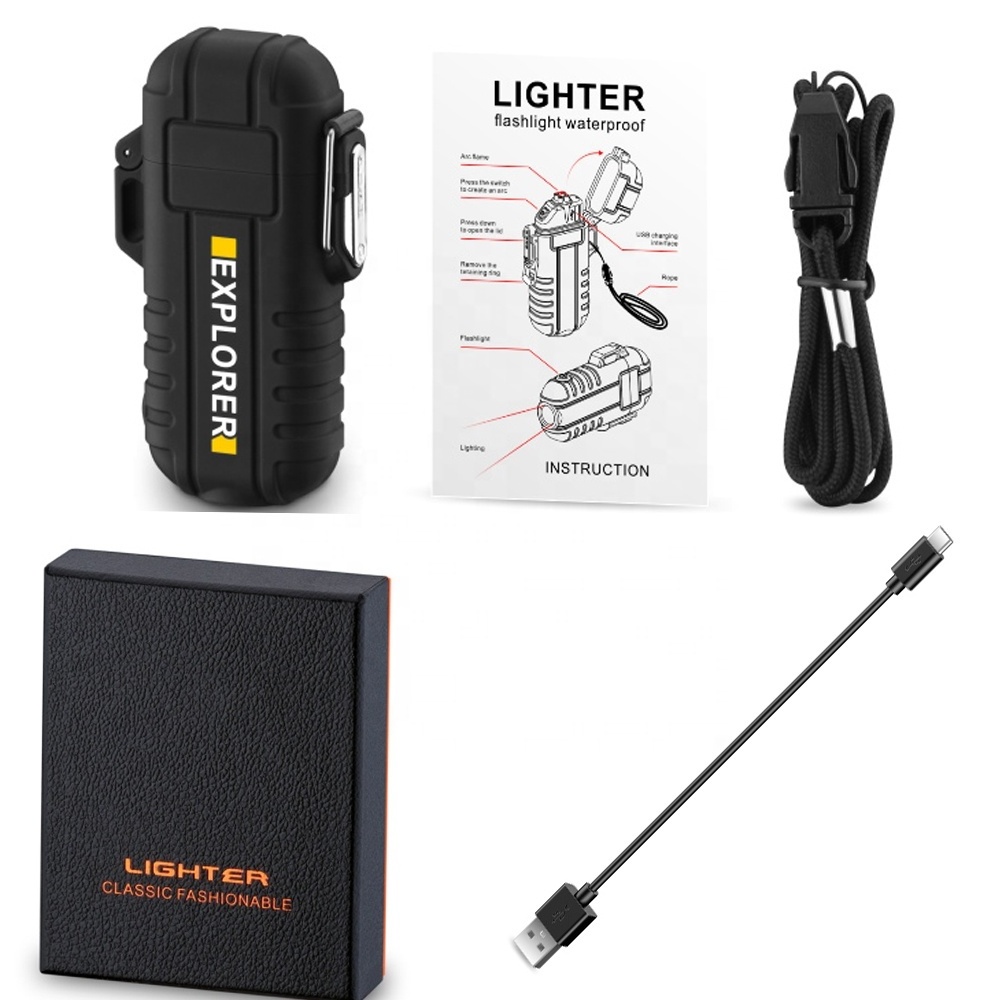 Outdoor Windproof Waterproof IP65 Camping Fire Lighter Plasma Beam Dual Arc Lighter USB Rechargeable Arc Lighter With Flashlight