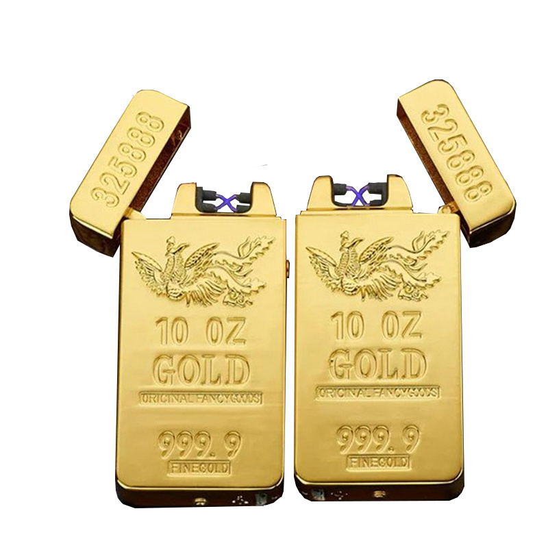 Free Sample!!! FR-689 USB Rechargeable Electric Double Arc Plasma Lighter Metal GOLD Bar Lighter