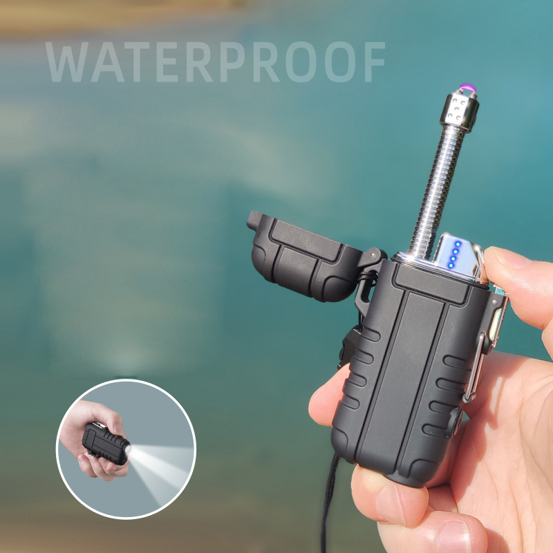 Neck New Design Cool 360 Flexible Waterproof USB Charging Outdoor Arc Lighter Military Style Electronic Lighter With Flashlight