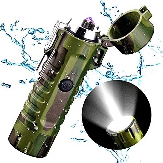 USB Plasma Rechargeable Electric Waterproof Lighter with Flashlight Flameless Windproof Arc Lighter for Outdoor Camping Stove