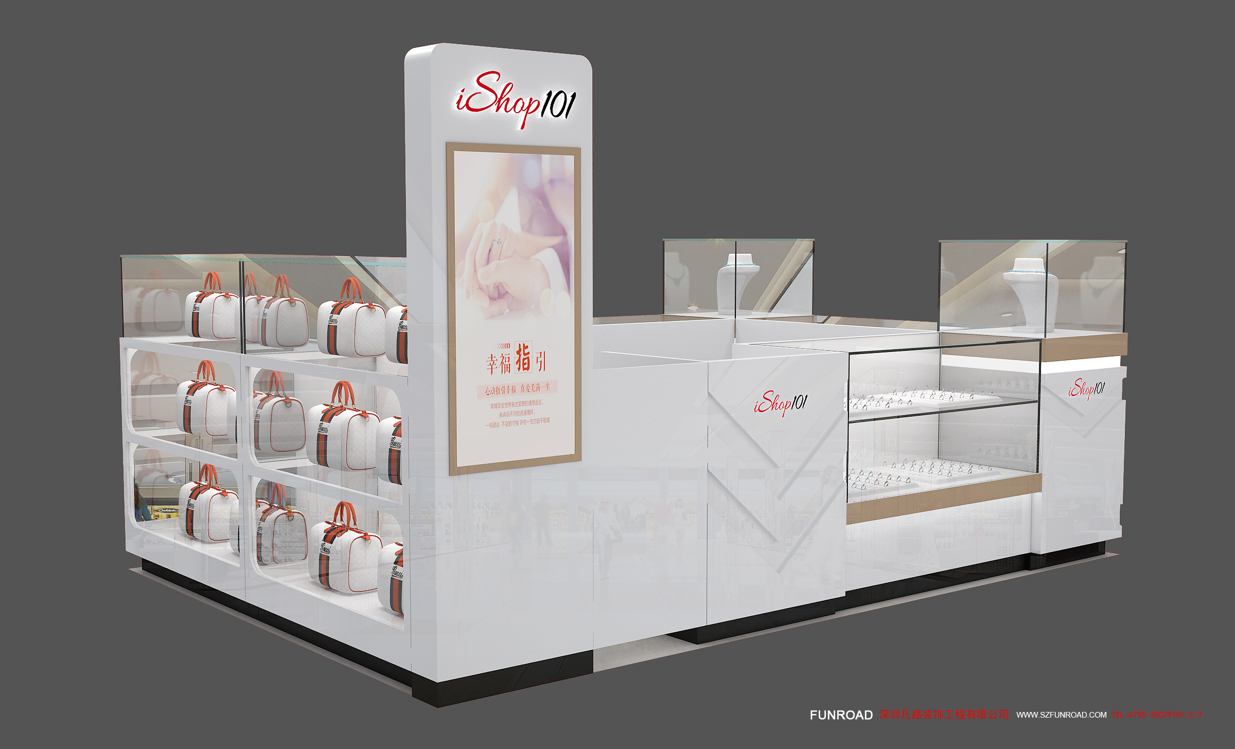 Customized jewelry mall display kiosk showcase / jewellery shop counter design for sale