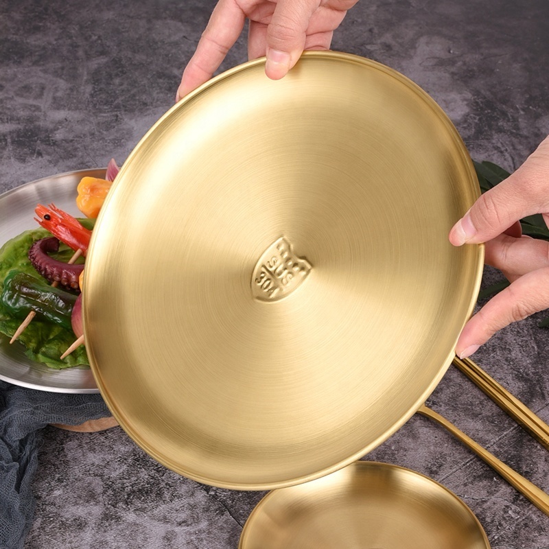 Custom Gold Charger Plates Outdoor Camping Serving Tray Decorative Round Restaurant Korean 304 Stainless Steel Dinner Plate