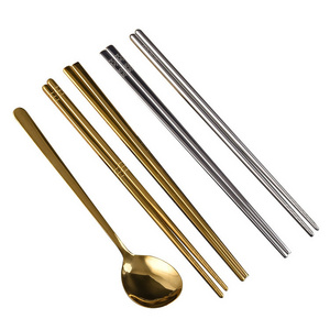 Korean Style Reusable Metal Chopsticks Spoon Gold Silver Food Grade 304 Stainless Steel Dishwasher Safe Chopsticks