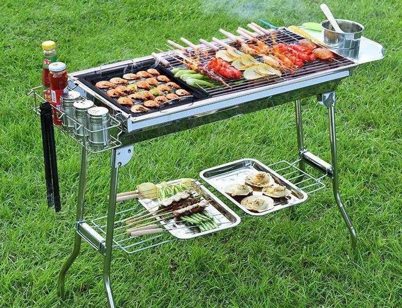 Outdoor Full-Set Stainless Steel Barbecue Grill Portable Folding Charcoal Bbq Grill For Camping Picnic Family Activity Party