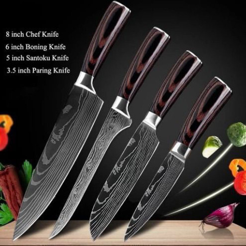 2024 High Quality 10 Pieces different style  Stainless Steel Laser Pattern With Wooden Handle Gift Box Chef Damascus Knife