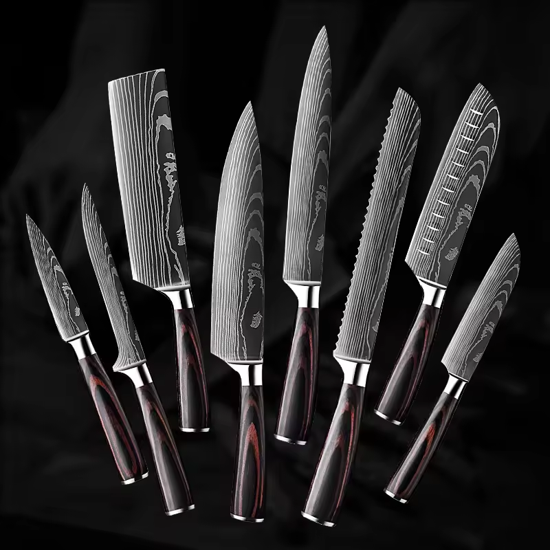 2024 High Quality 10 Pieces different style  Stainless Steel Laser Pattern With Wooden Handle Gift Box Chef Damascus Knife