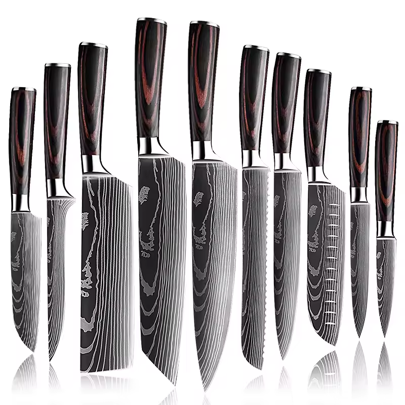 2024 High Quality 10 Pieces different style  Stainless Steel Laser Pattern With Wooden Handle Gift Box Chef Damascus Knife