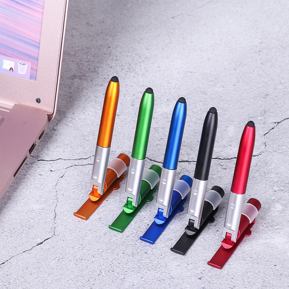 Multi-function 4-in-1 Folding Ballpoint Pen Screen Stylus Touch Pen with LED Light Portable Capacitive Pen Mobile Phone Stand