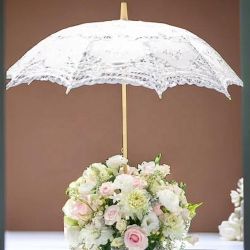 Fabric Lace Parasol Decorating Umbrella Wooden Princess Ornament Decorative Umbrella for Wedding Decoration Western Style White