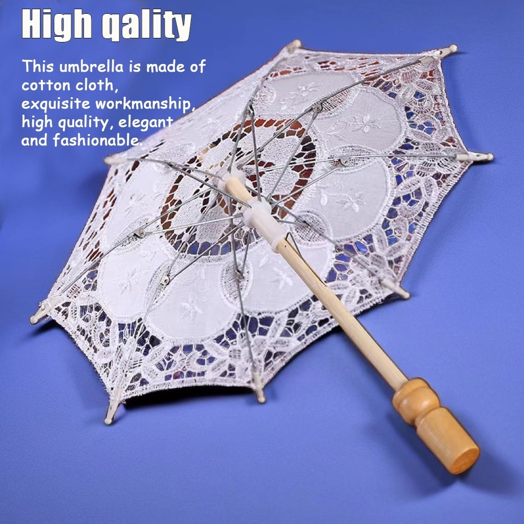 Fabric Lace Parasol Decorating Umbrella Wooden Princess Ornament Decorative Umbrella for Wedding Decoration Western Style White