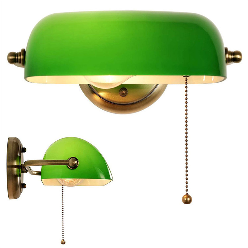 Green Glass Bankers Lamp Shade Adjustable Wall Light with Pull Chain Switch Hard Wired for Bedroom Sconce Fixture