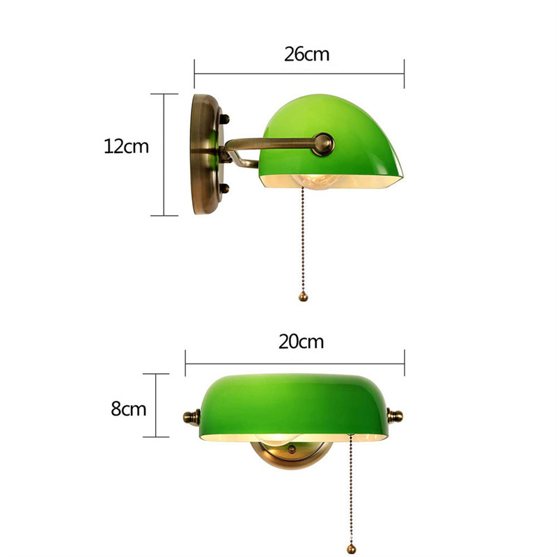 Green Glass Bankers Lamp Shade Adjustable Wall Light with Pull Chain Switch Hard Wired for Bedroom Sconce Fixture