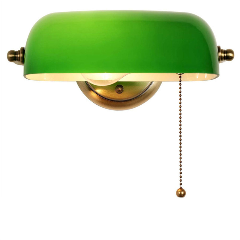 Green Glass Bankers Lamp Shade Adjustable Wall Light with Pull Chain Switch Hard Wired for Bedroom Sconce Fixture